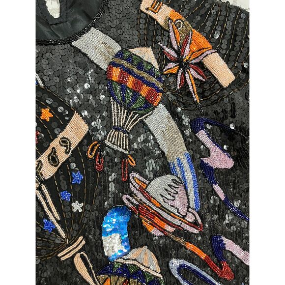 Giorgio Kauten Italian Designer McBling Vtg Sequin Blouse Stars Planets Balloons - Picture 5 of 11